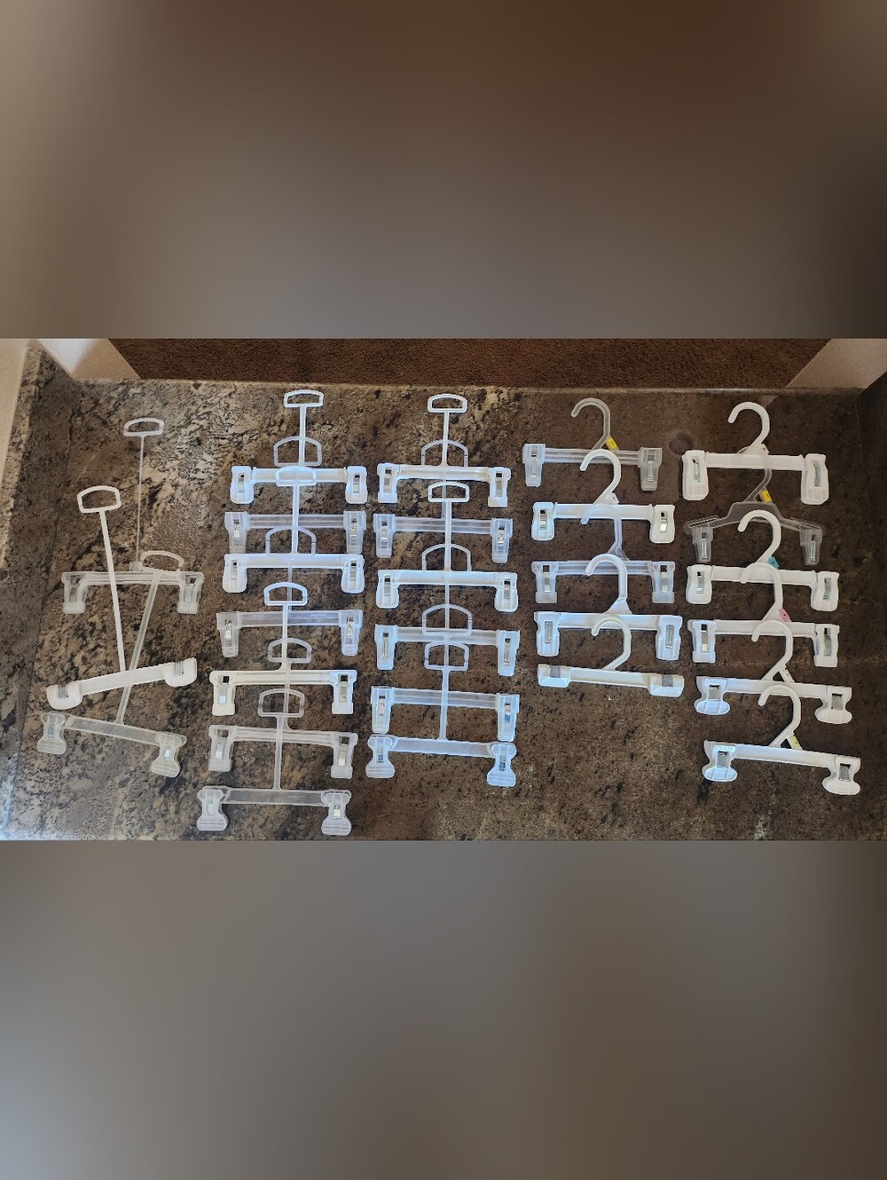 Lot of 27 White and Clear Plastic Hangers for Babies Kids Pants Skirts Shorts